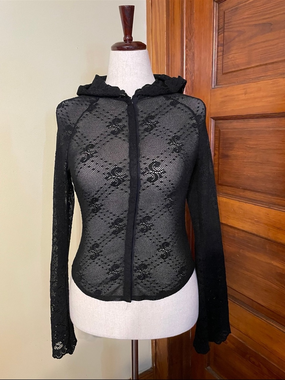 Sheer Black Lace Hooded Zip-Up Top - Women